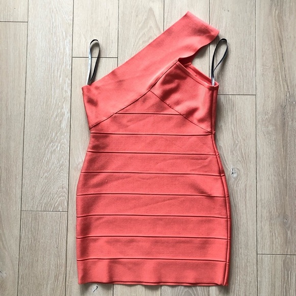 Herve Leger Paris Asymmetrical Mini Dress in Coral Peach Size M - Picture 12 of 13